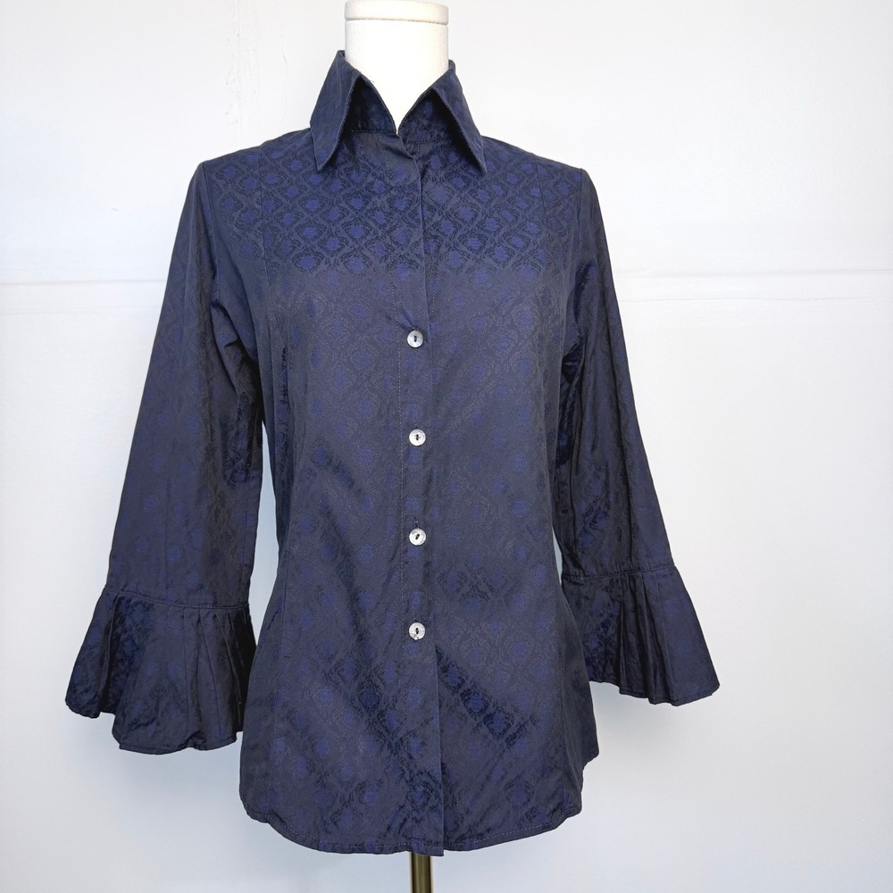 Farinaz Taghavi Navy Blue Jacquard Ruffle Cuff Blouse Italian Fabric Size 4